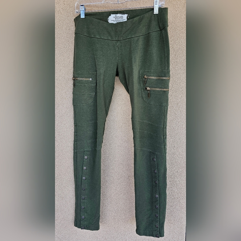 NOMADS HEMP WEAR Axiom Green Bamboo Cotton Zipper Pocket Leggings Sz M